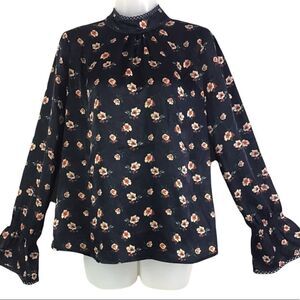J.O.A. black Floral High Neck Long Bell Sleeve Blouse